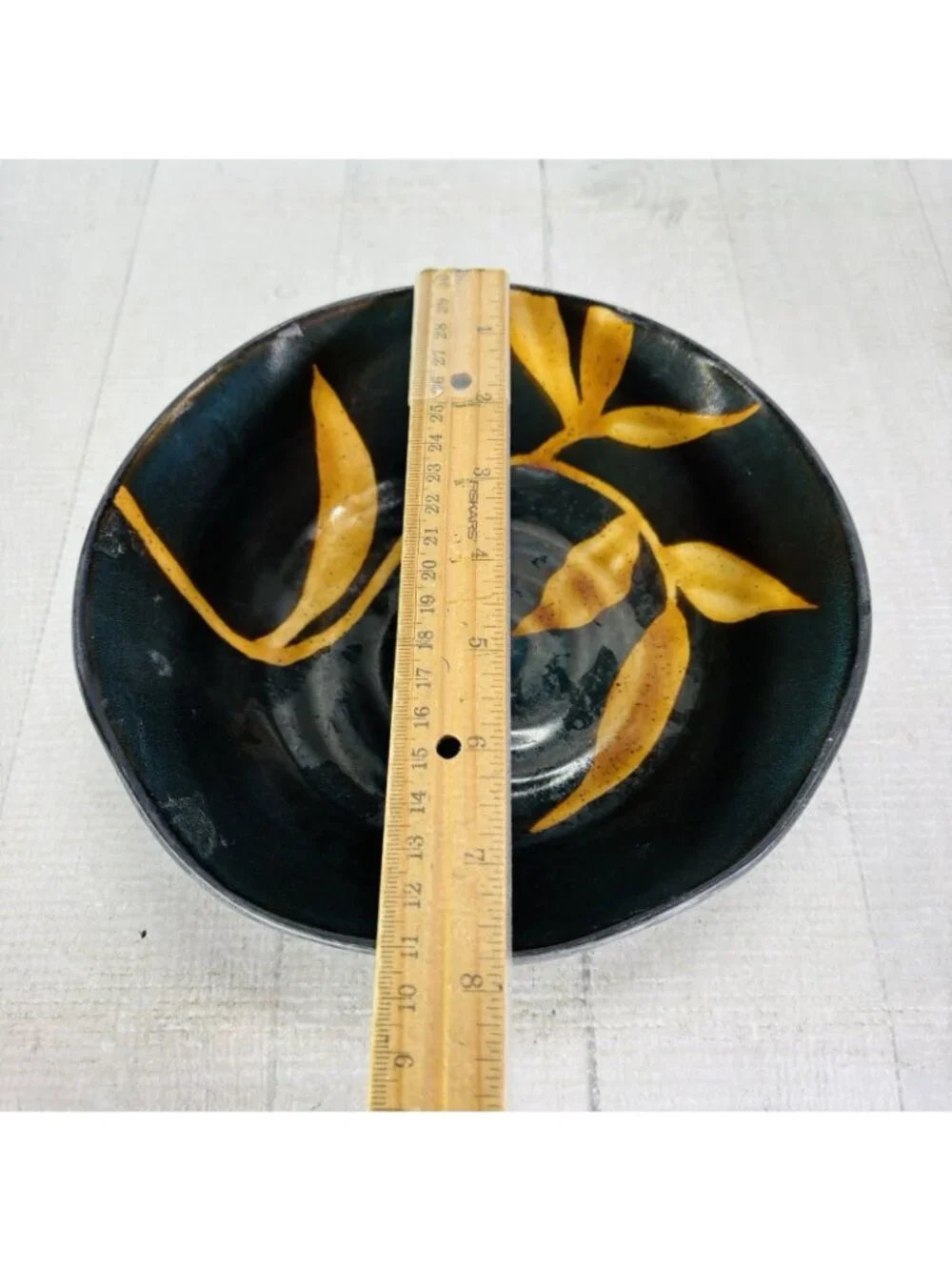 Pier 1 DAKARA Bamboo Leaf Yellow Rust Hand Painted Stoneware Plate & Bowl Set 2